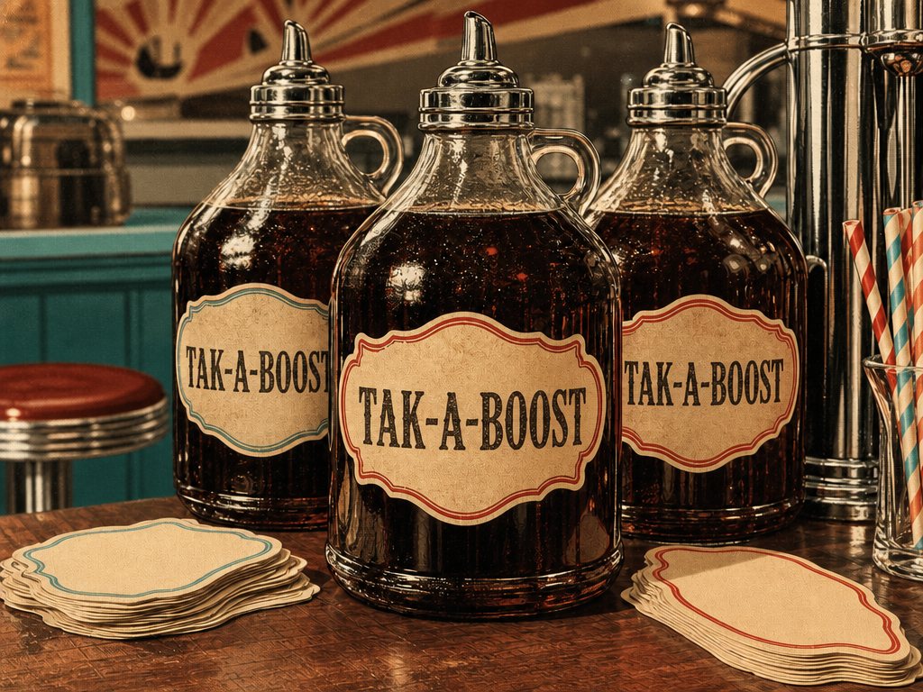 Vintage dark cola-style soda syrup jugs and paper labels on a wooden counter, evoking mid-century Boost!