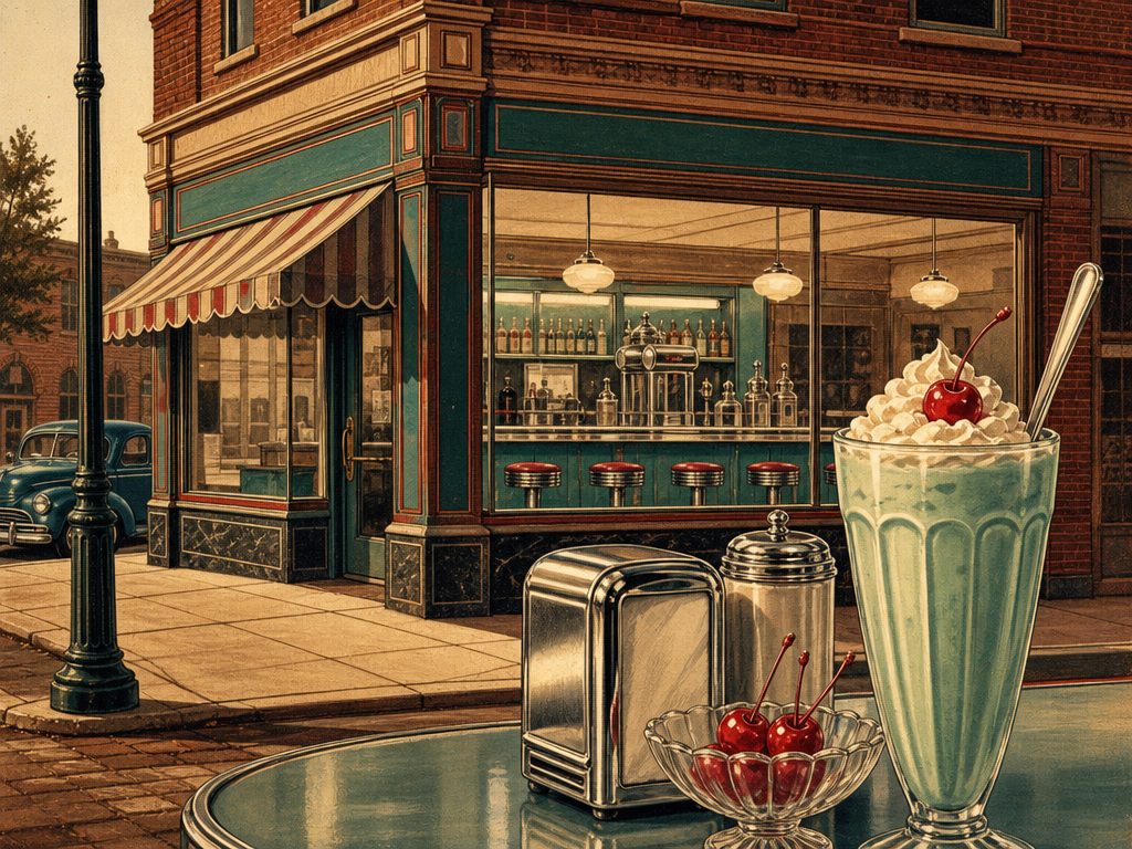 A 1930s corner pharmacy and soda-fountain storefront, evoking the Riverside, New Jersey shop where Boost! began