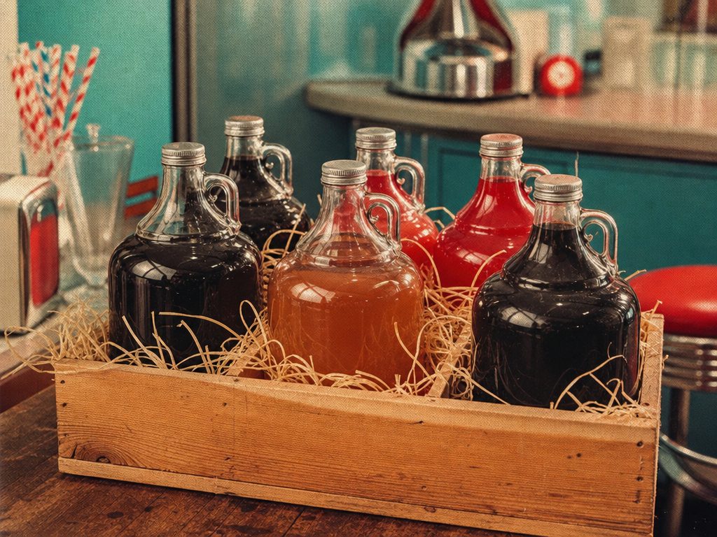 Vintage half-gallon glass soda jugs packed in a wooden crate with straw, ready for shipping