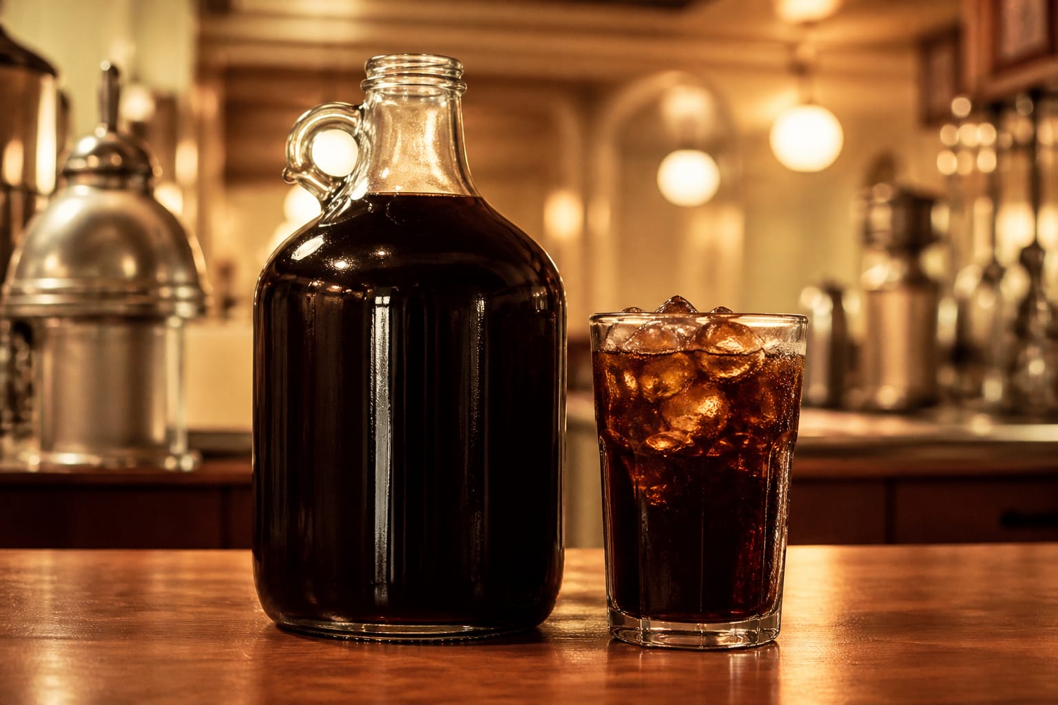 A half-gallon glass jug of dark cola-coloured soda syrup beside a tall glass of the drink poured over ice on a counter